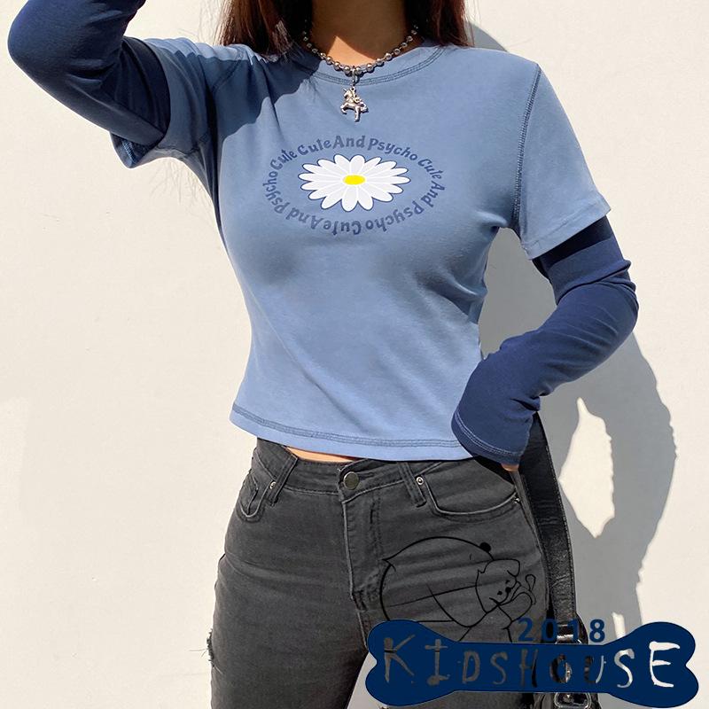 KHH-Women Casual Long Sleeve T-shirt, Blue Round Collar Letters and Floral Printed Pattern Tops