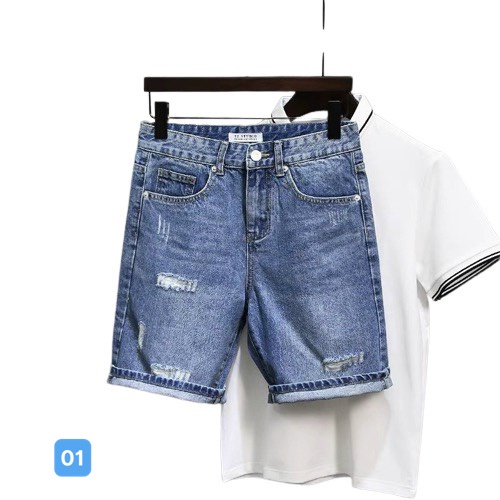 Quần ngố rin nam co giãn chất bò màu xanh đậm rách OBOKFASHION dễ phối đồ cao cấp phong cách hàn quốc QJN001