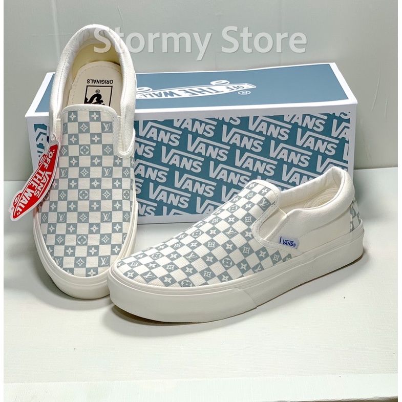 Giày Vans Lười LV Xám caro Chuẩn 1:1 Box Xanh