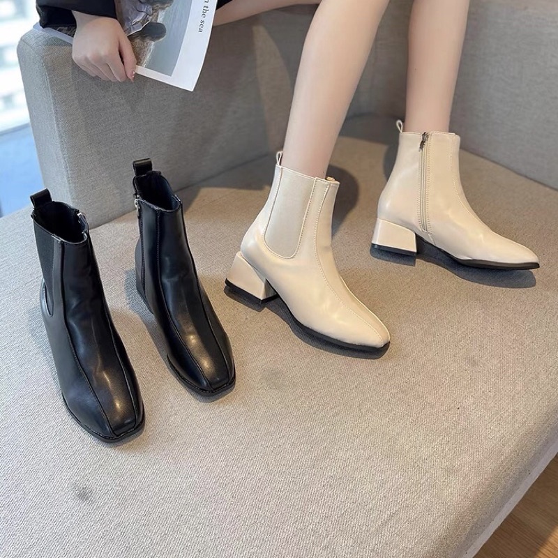 Boots cổ ngắn phối chun gót vuông cao 5cm