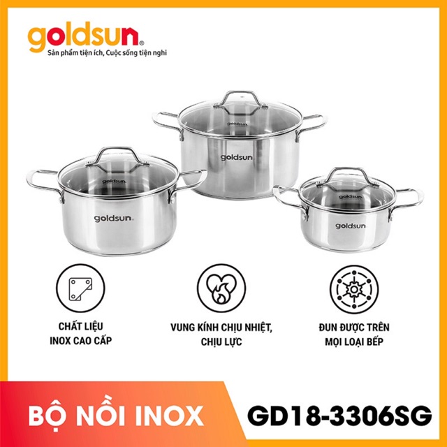 Bộ nồi inox vung kính Goldsun GD18-3306SG