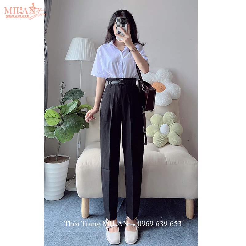 Quần tây nữ đi học lưng cao cạp có đai ống đứng suông dài màu Xanh Đen - Quần baggy vải học sinh cấp 3 đi học thực tập