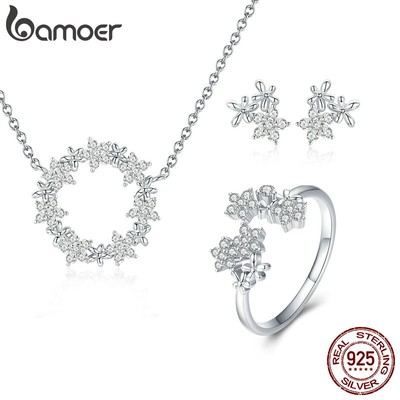 BAMOER Bộ Trang Sức Gồm Vòng cổ/ Nhẫn/ Bông Tai bạc 925 Thời Trang Cho Nữ ZHS097