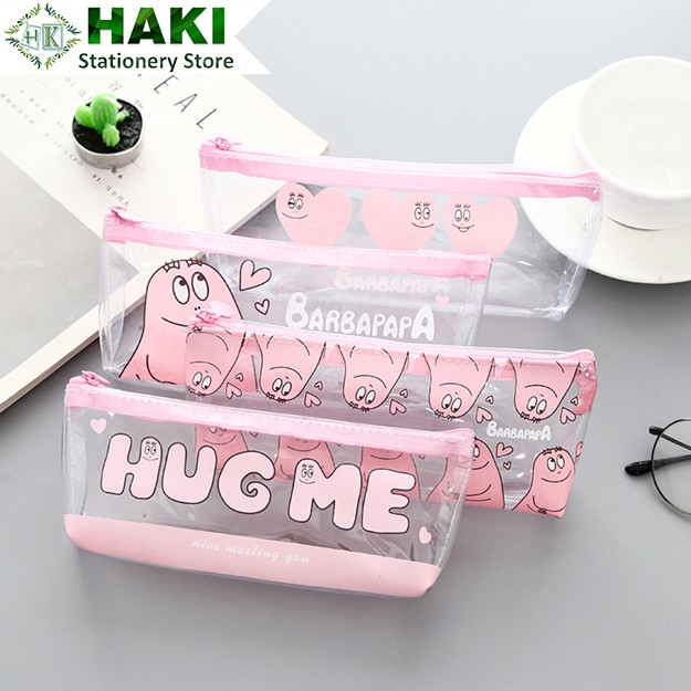 Túi đựng bút trong suốt HAKI viền hồng dễ thương, túi bút trong HUG ME ngộ nghĩnh TB06