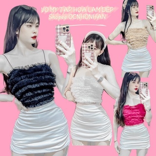 Set áo dây lưới tầng phối chân váy rút dây