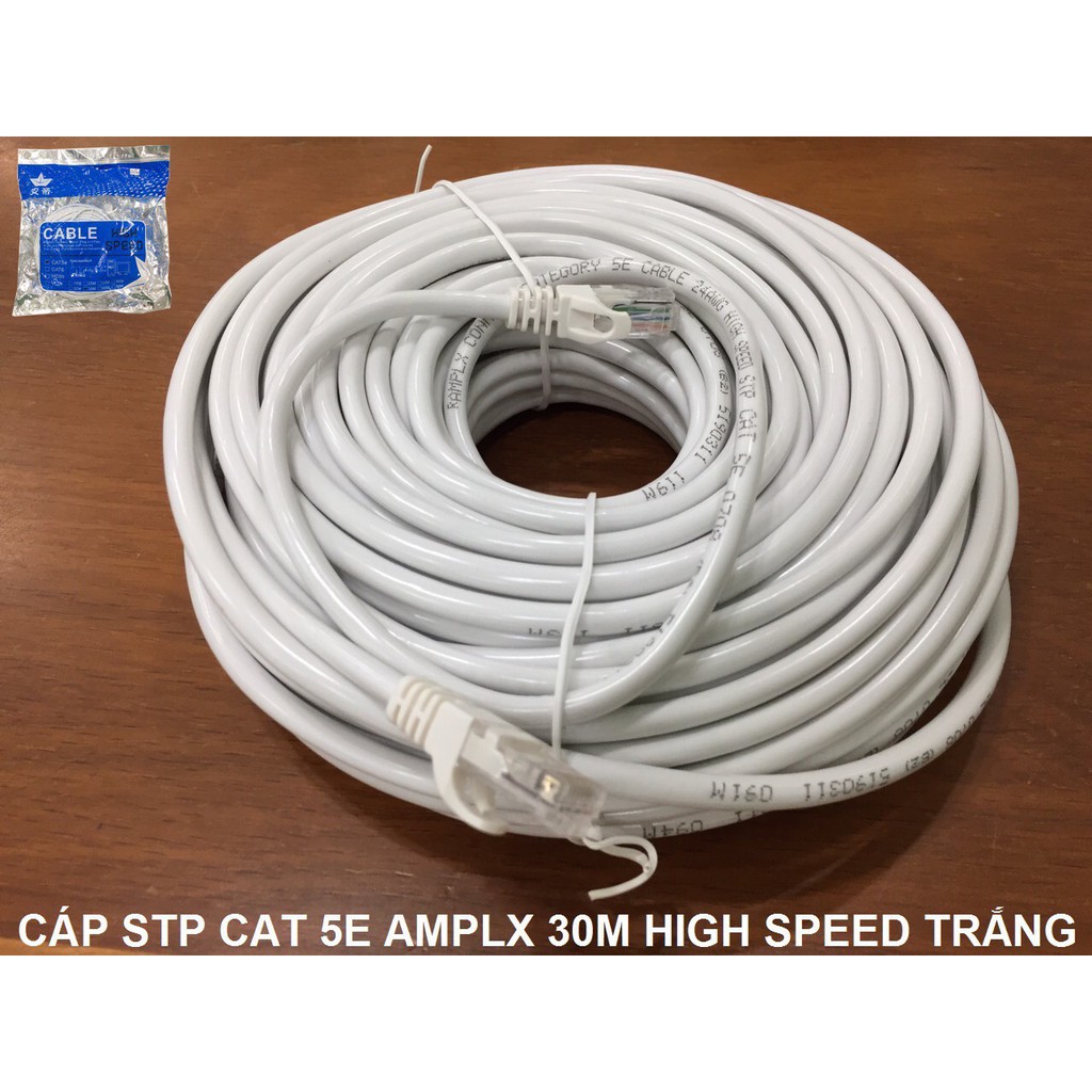 Cáp  STP Cat 5e AMPLX High Speed (trắng) 30m , 50m, Cáp mạng bấm sẵn RJ45 chống nhiễu AMPLX tốc độ cao 30m ,50m