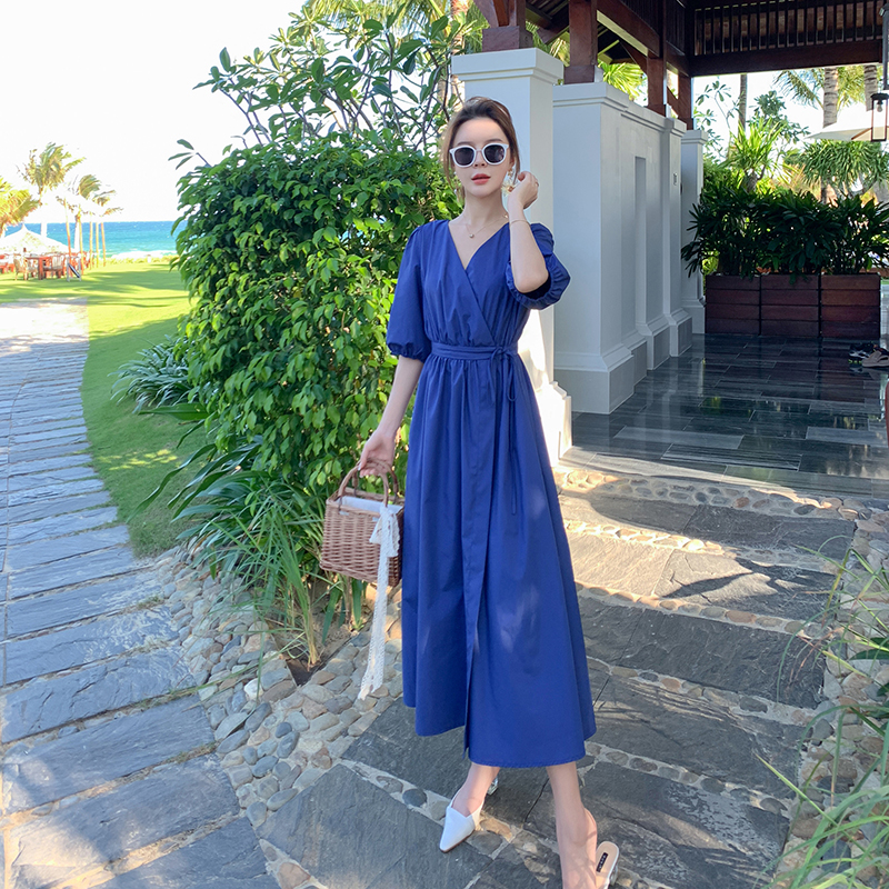 Đầm Dáng Ôm Chiết Eo Màu Xanh Xinh Xắn Dễ Thương Thời Trang Đi Biển Váy