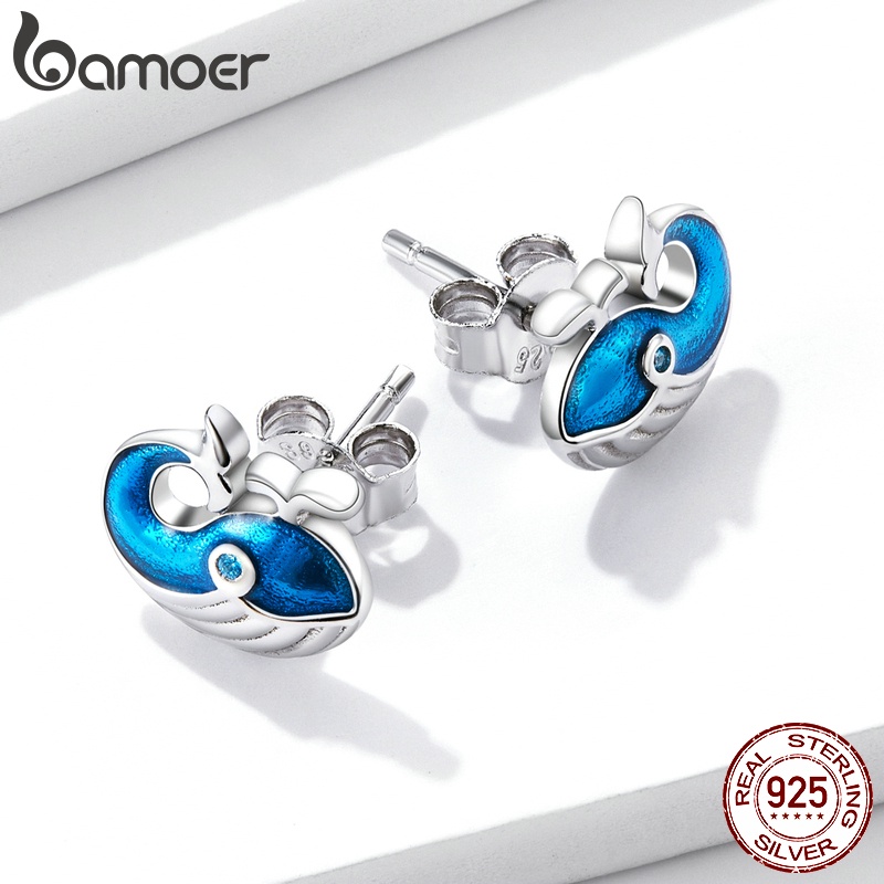 Đôi hoa tai BAMOER BSE584 bạc 925 hình cá voi xanh thời trang cho nữ