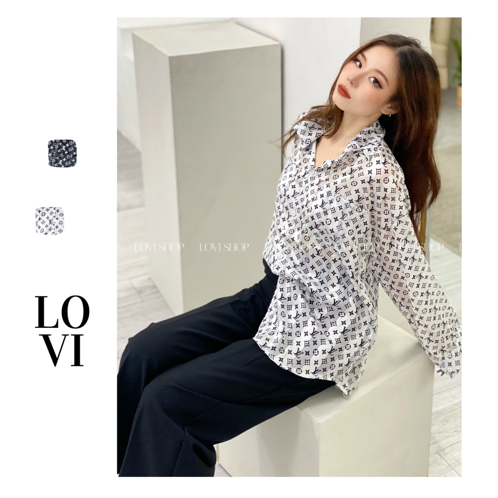 Áo sơ mi họa tiết chữ chất phi lụa in sang chảnh Lovi
