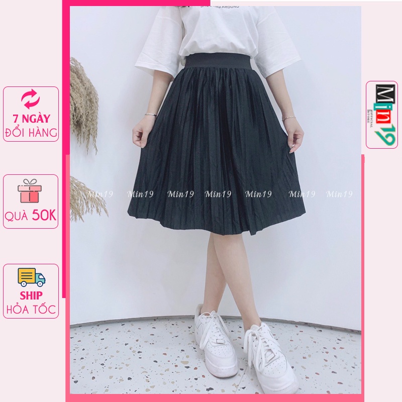 Chân Váy Xếp Ly Lưng Cao Cạp Chun Dáng Xòe Kiểu Công Sở Vintage Bigsize Màu Đen Thời Trang Hàn Quốc