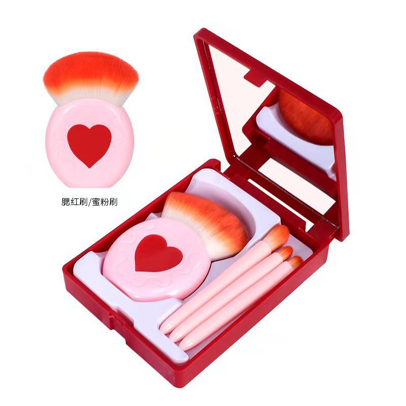 Bộ cọ trang điểm makeup cá nhân combo bộ 5 món kèm hộp gương màu hồng