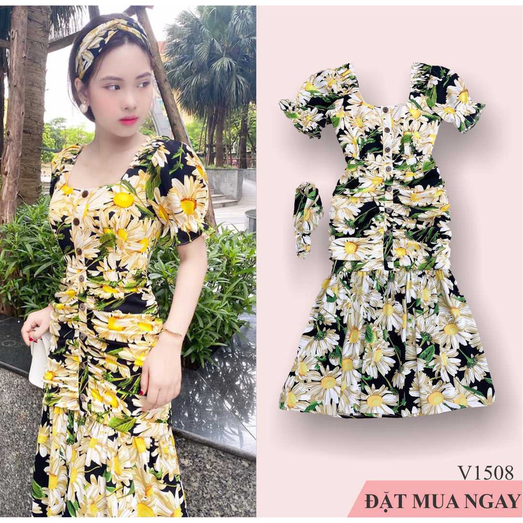 [ HÀNG BIG SIZE] Váy hoa đuôi cá cổ vuông V1508 (Kèm ảnh thật trải sàn do shop tự chụp)