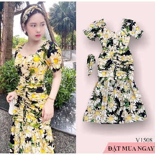 [ HÀNG BIG SIZE] Váy hoa đuôi cá cổ vuông V1508 (Kèm ảnh thật trải sàn do shop tự chụp)
