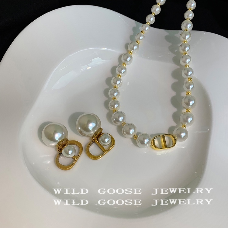 Vòng cổ/ Khuyên tai AY ngọc trai giả phối mặt chữ cái thời trang