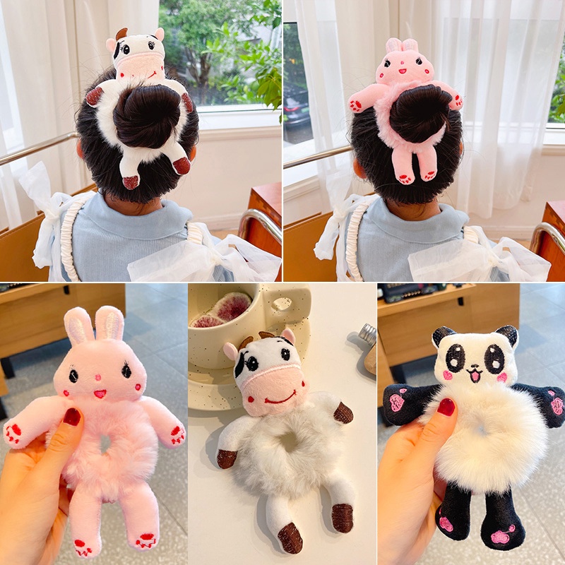 Dây Cột Tóc Co Giãn Hình Gấu Trúc / Thỏ Bằng Lông Nhung Dễ Thương Xinh Xắn