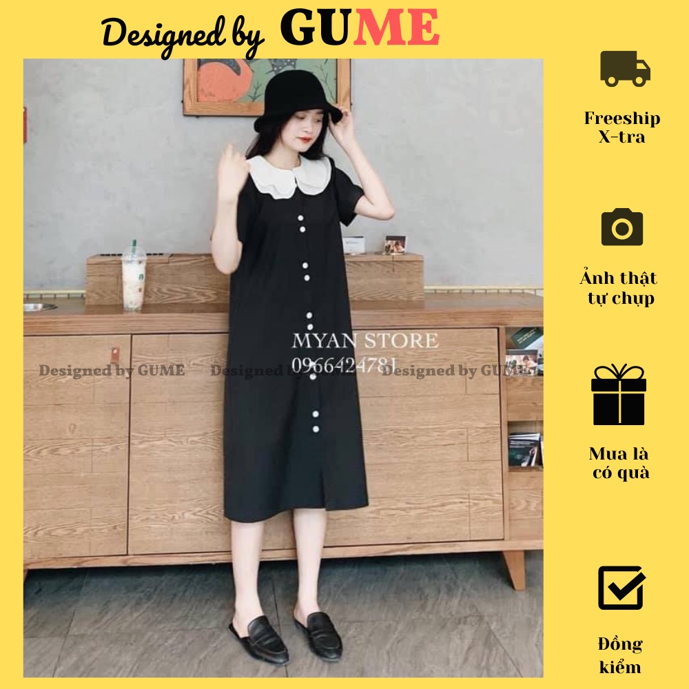 Đầm Bầu Công Sở - Váy Bầu GUME 2 màu đen vàng suông xuống cổ bèo 2 lá cúc dọc size từ 40-100kg MB154- ảnh thật