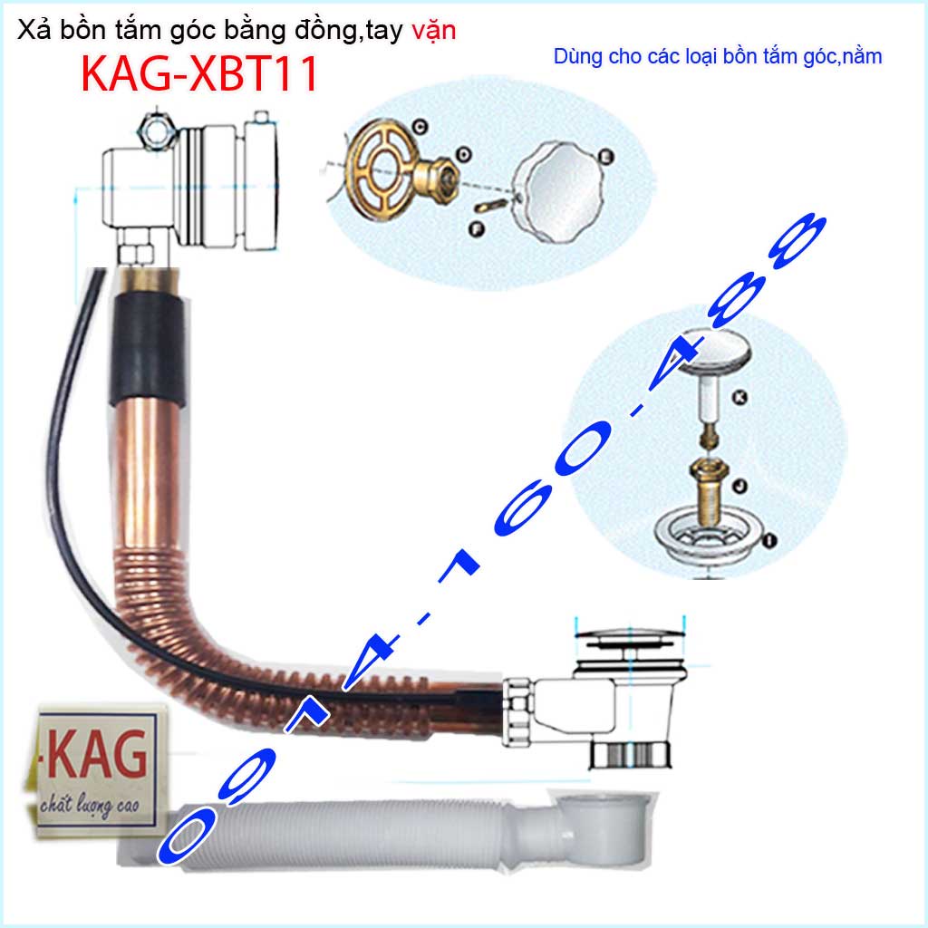 Xả bồn tắm góc KAG-XBT11 -Đồng, Bộ xả vặn bồn tắm nằm bằng thau siêu bền dùng cho bồn góc 90cm-1,2m-1,5m-1-6m