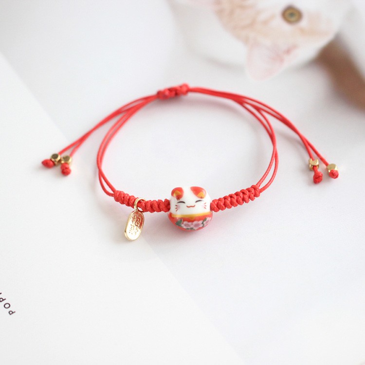 Vòng Tay EBI Gốm Tráng Men Mèo May Mắn Chiêu Tài Maneki Neko Dây Rút