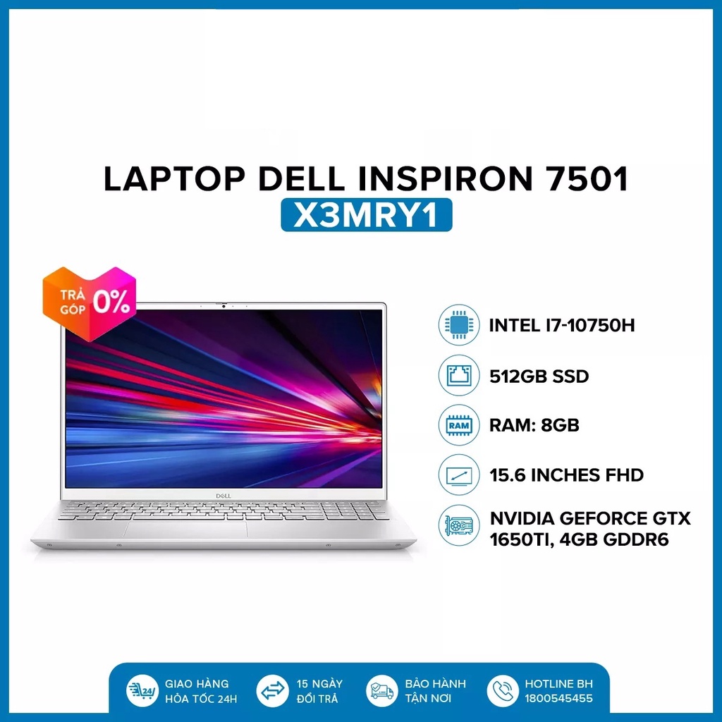 Laptop Dell Inspiron 7501 15.6 inches FHD (Intel / i7-10750H / 8GB / 512GB SSD) X3MRY1 - HÀNG CHÍNH HÃNG