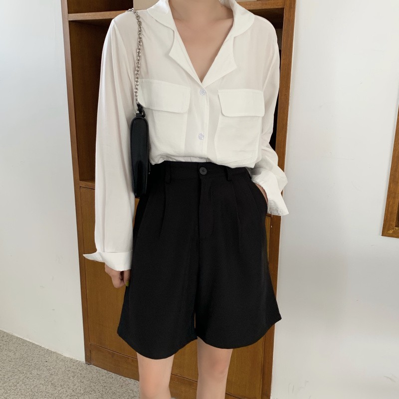 Xiaozhainv Quần sọt ống rộng lưng cao thời trang Hàn Quốc 2 màu sắc tùy chọn cho nữ