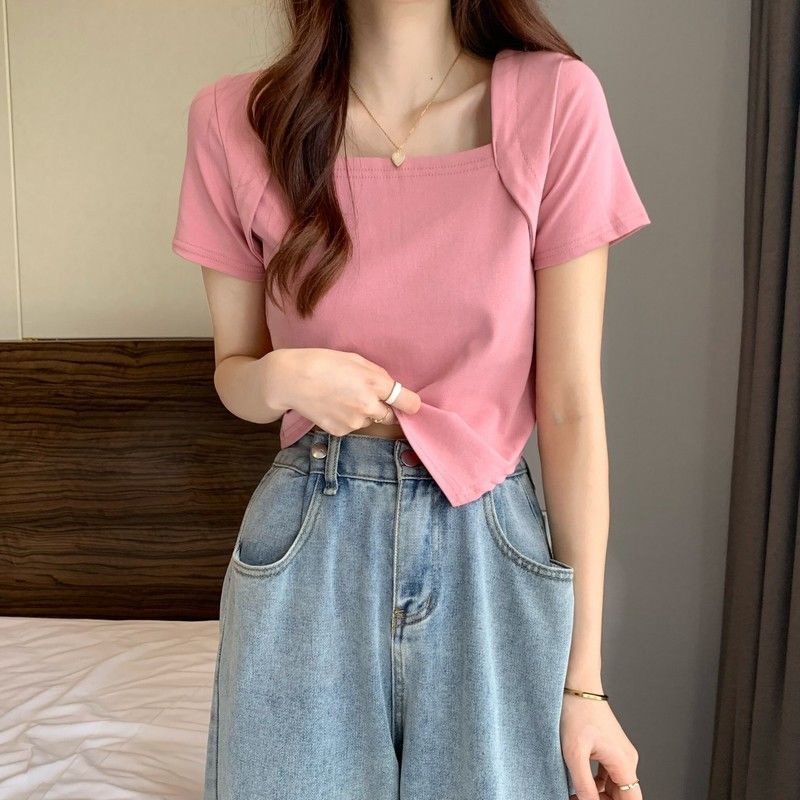 Áo thun nữ cổ vuông, tà xéo dễ thương xinh xắn