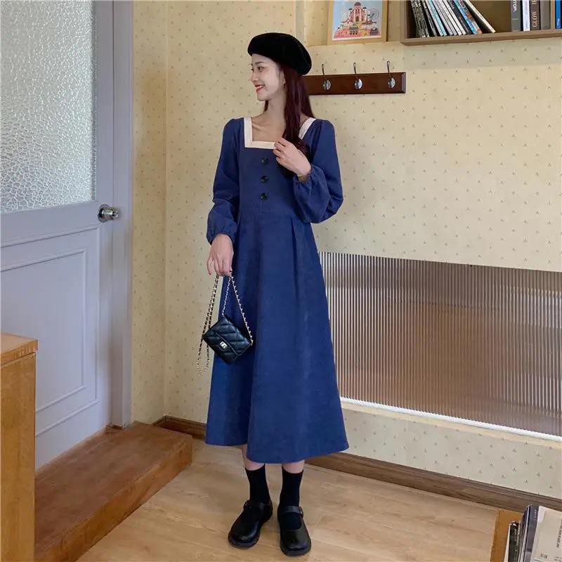 ⭐0412⭐ Korean style square neck long sleeve midi dress