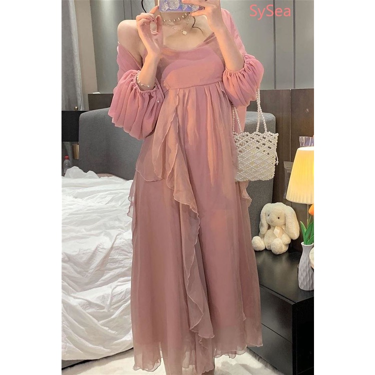 Set Đầm Hai Dây Vải Voan Phối Áo Khoác Cardigan Thời Trang Hè Thu Thanh Lịch Cho Nữ