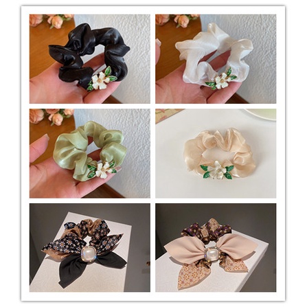 Dây Buộc Tóc Cao Su Co Giãn Thắt Nơ Hoa Đính Ngọc Trai Giả Kiểu Pháp Thanh Lịch Cho Nữ