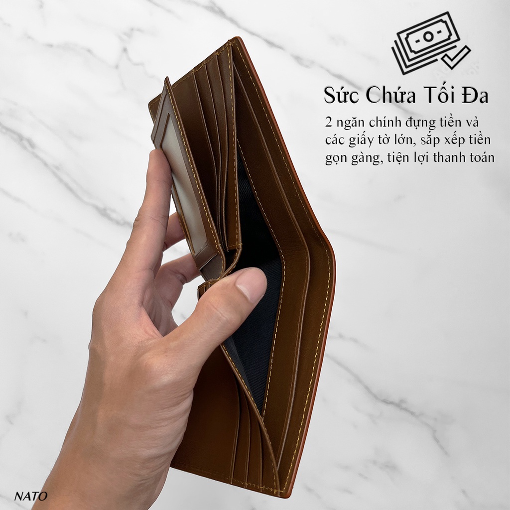 Ví Nam Nato FOLD Da Bò Thật Cao Cấp Đứng Gập Đôi Sang Trọng Trẻ Đựng Thẻ Tiền Đẹp Bền Đen Xanh Navy Nâu Cầm Tay