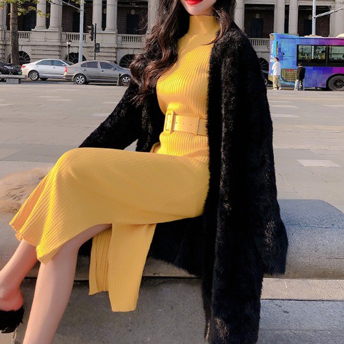 Set Đầm Xẻ Tà Và Áo Khoác Len Thời Trang Dành Cho Nữ