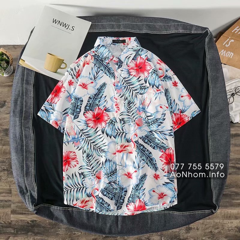 Áo sơ mi đi biển mềm mát - Chim hạc, Bông hoa dăm bụt - Đủ size Em Bé, S, M, L, XL, XXL, XXXL, có Bigsize trên 100kg