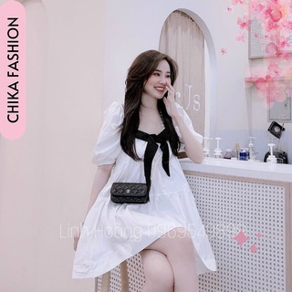 Váy đầm babydoll nữ cột nơ, váy tiểu thư dáng xòe tay bồng nữ
