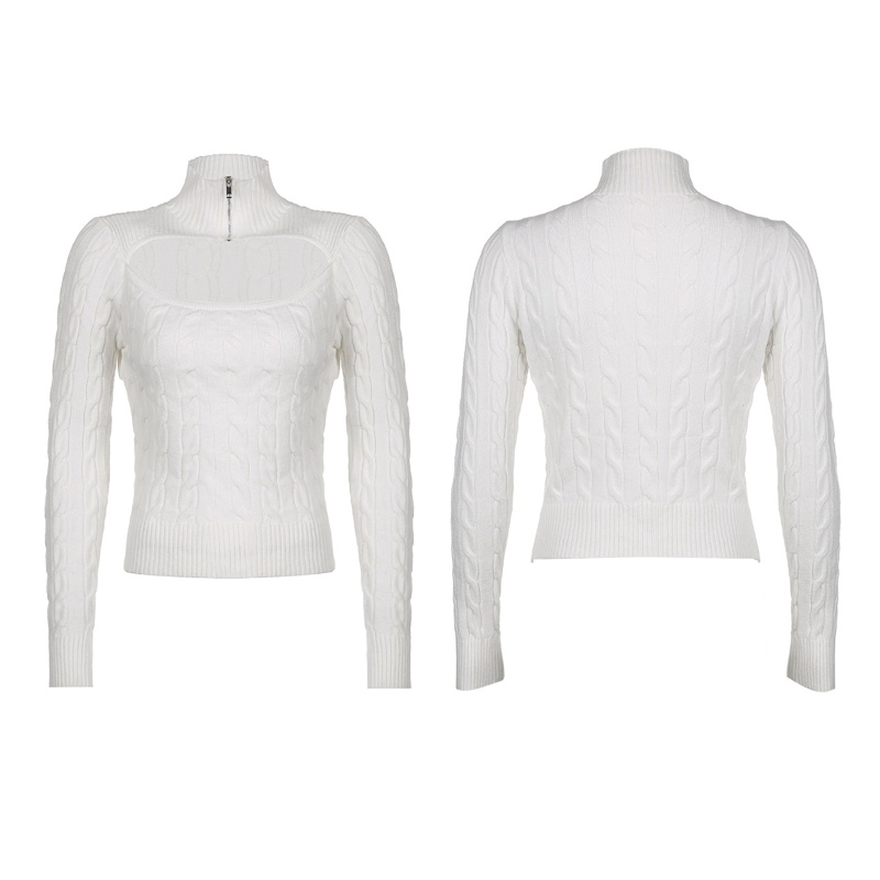 Brroa Áo Crop Top Dệt Kim Tay Dài Cổ Lọ Dây Kéo Rỗng Phía Trước Màu Trơn Gợi Cảm Phong Cách Harajuku Cho Nữ