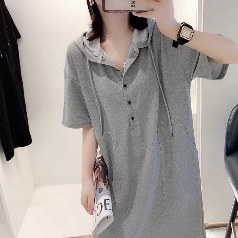 Đầm Thun Tay Ngắn Có Mũ Trùm Đầu Dáng Chữ A Màu Sắc Trơn Thời Trang Mùa Hè Phong Cách Châu Âu Kích Thước Ngoại Cỡ Cho Nữ