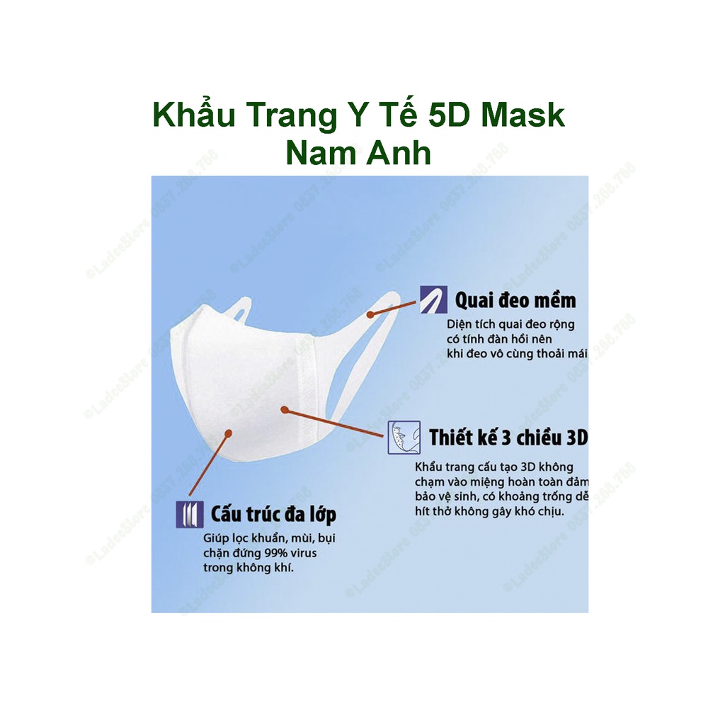 Khẩu Trang 5D Mask, Khẩu Trang Dây Vải Màu Trắng, Hộp 10 Cái