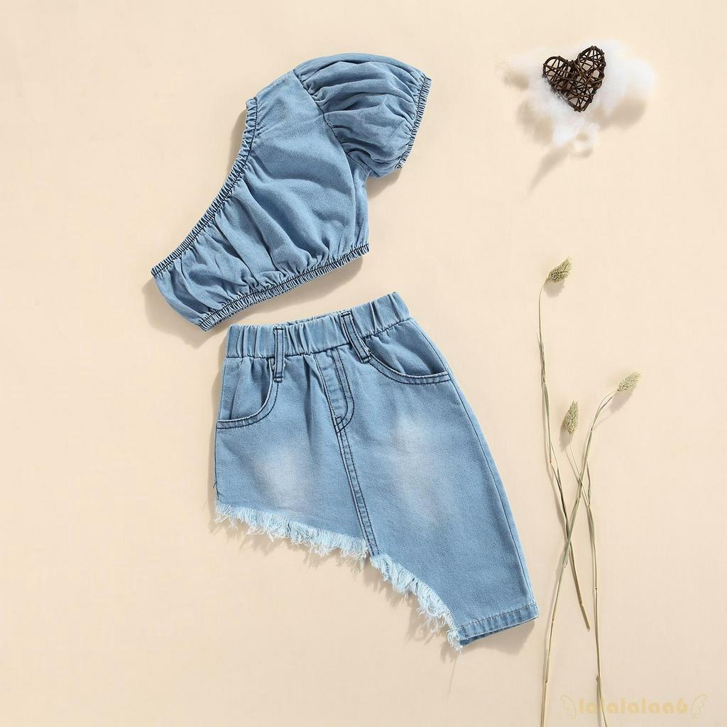 Set áo denim trễ vai ngắn tay + chân váy lệch tà thời trang cho bé gái 6