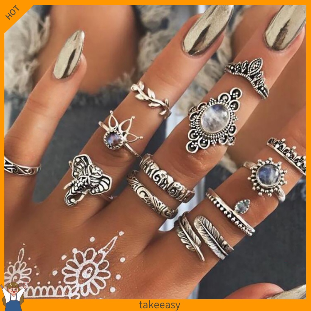 Bộ 12 Nhẫn Đốt Ngón Tay Đính Đá Phong Cách Boho Cổ Điển