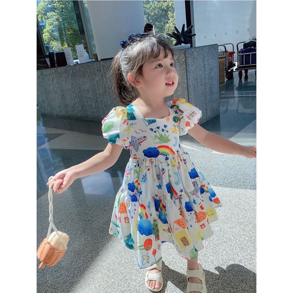 Váy Đầm Họa tiết Cầu Vồng Tay Phồng Đáng Iu Cho Bé Gái