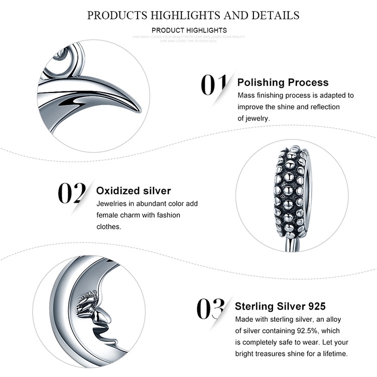 Mặt trang sức BAMOER SCC149 bạc 925 thiết kế hình mặt trăng đáng yêu thời trang độc đáo