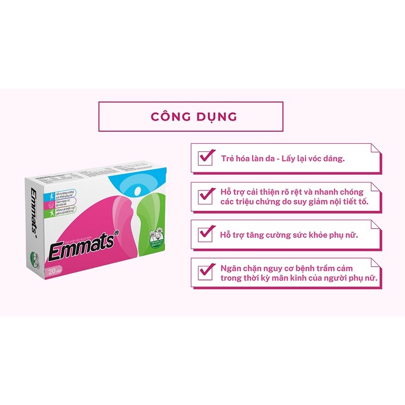 Emmats (Phụ nữ bị thiếu hụt estrogen & suy giảm hormon sinh dục nữ, bị khô âm đạo & giảm ham muốn tình dục,da bị nám sạm