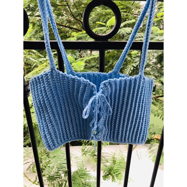Áo croptop áo hai dây len móc thắt nơ ngực handmade