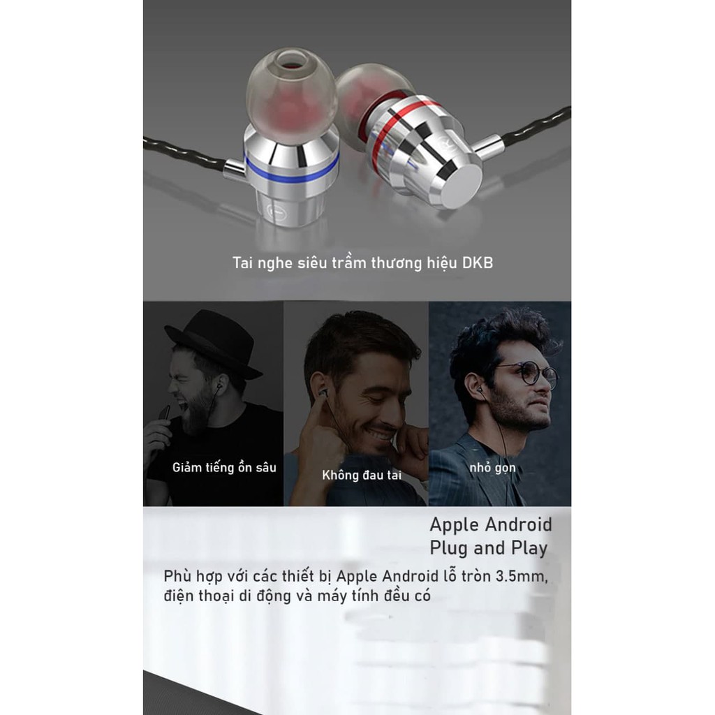 Tai nghe nhét tai chính hãng DKB kiểu dáng thể thao giắc cắm 3.5mm tích hợp microphone