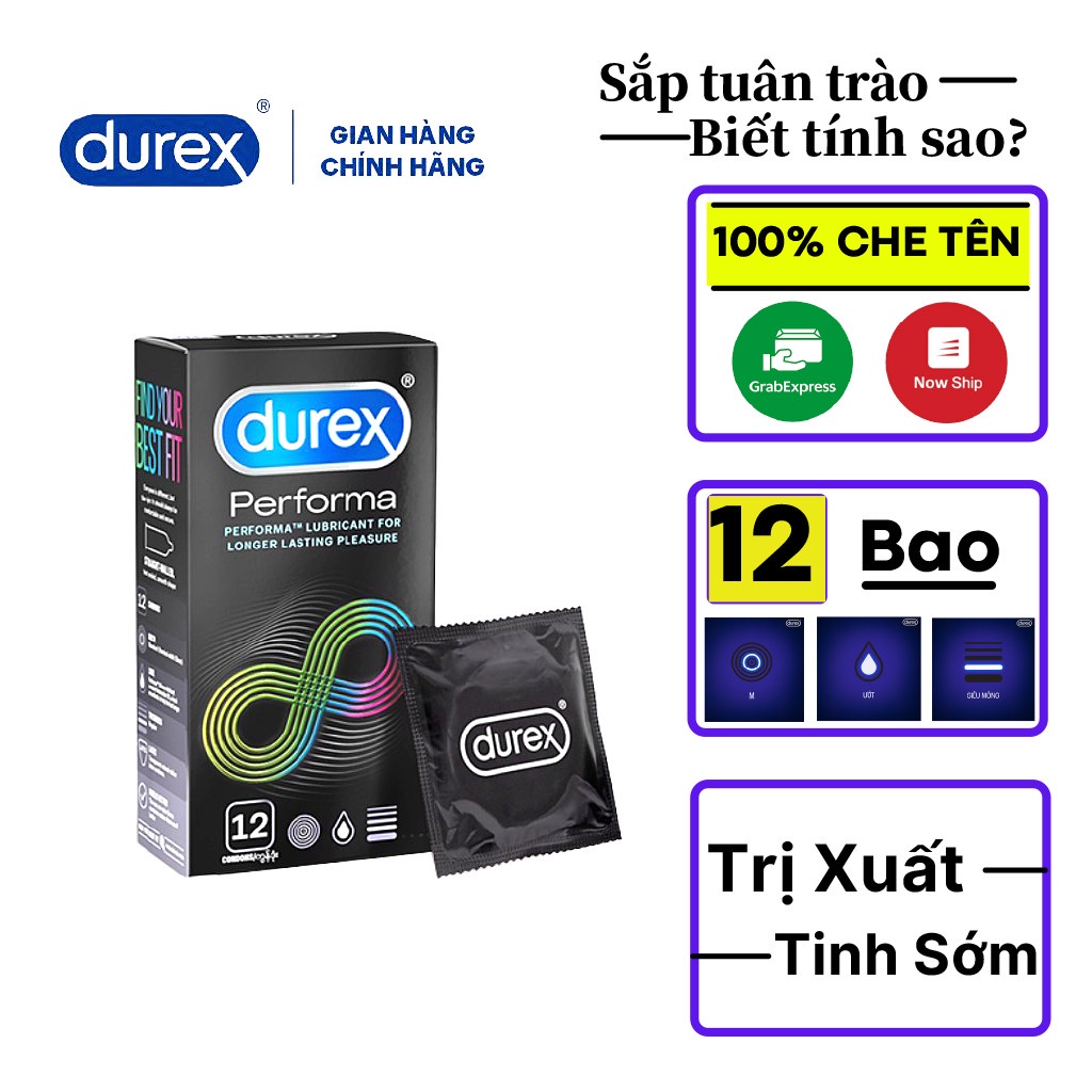 Bao cao su chống xuất tinh Durex Performa 12 bao/1 hộp⚡⚡Bao cao su tăng cường gel bôi trơn