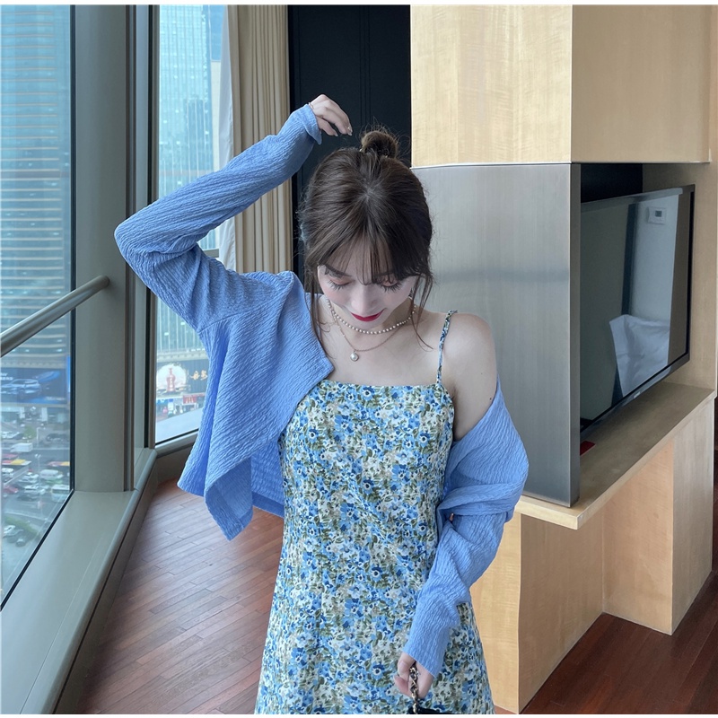 Set Đầm Hoa Hai Dây + Áo Khoác Cardigan Tay Dài Chống Nắng Phong Cách Hàn Quốc Cho Nữ