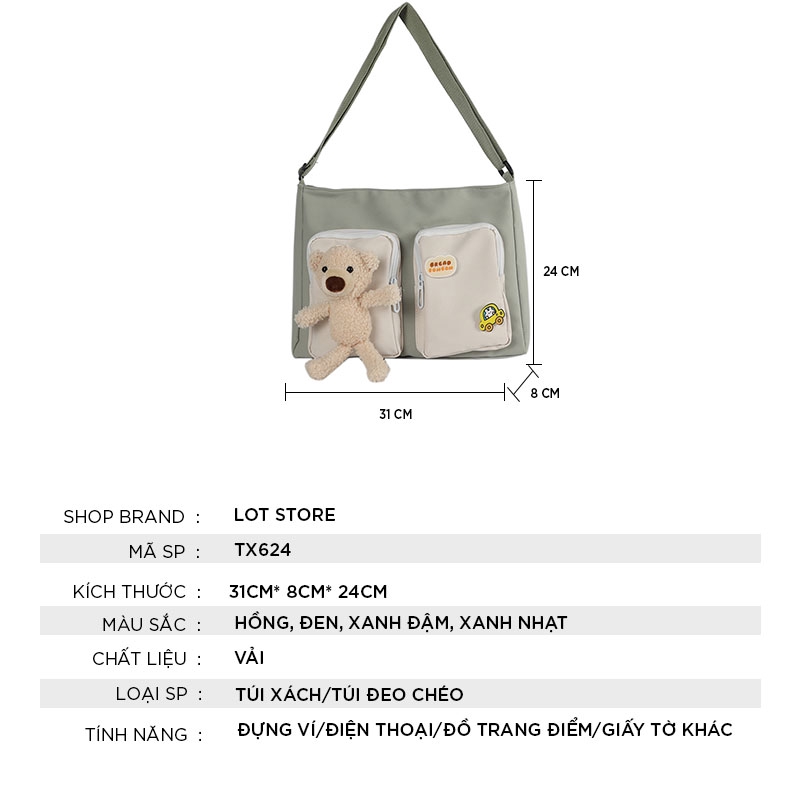 Túi tote đẹp vải canvas đeo chéo mềm đi học giá rẻ LOT STORE TX624 ( không có gấu )