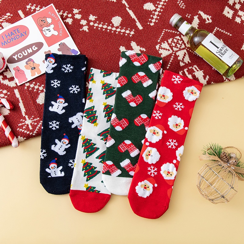 4 Pairs/Box Girls Cartoon Christmas Socks Cute Middle Tube Socks for Xmas Party Holiday Funny Women Santa Claus Cotton Warm Socks
