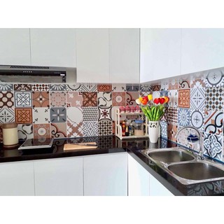 Decan gạch bông Chất liệu decal , có keo dán sẵn, bề mặt cán mờ gồm 30 ô kích thước 20x20cm ; họa tiết sắc nét