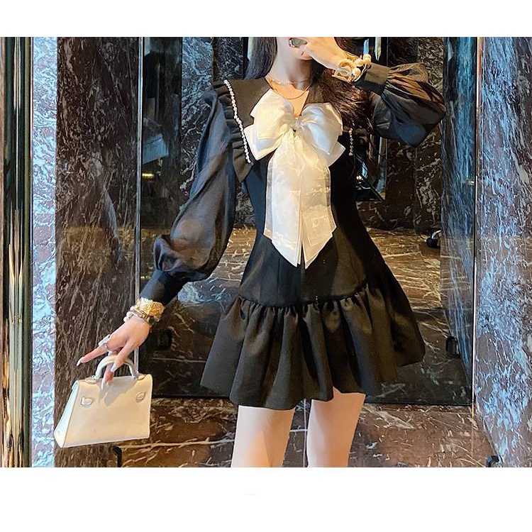 Đầm ôm eo đính nơ thời trang thu đông phong cách Pháp mới 2021