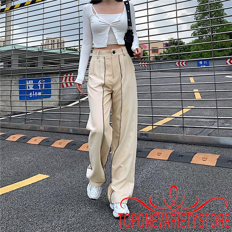 Quần dài ống rộng họa tiết kẻ sọc cá tính hợp thời trang cho nữ