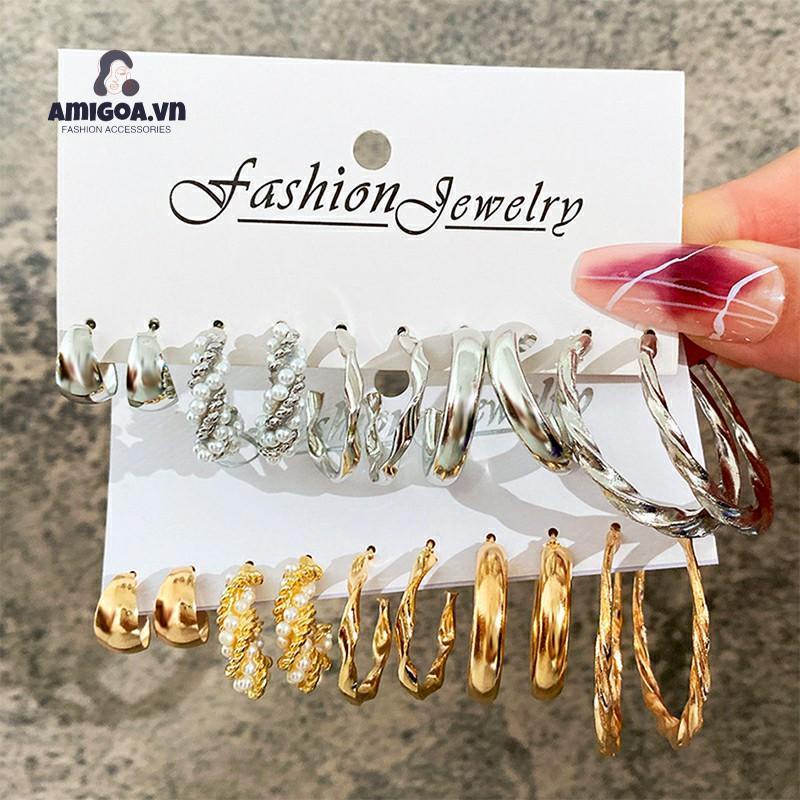 Bộ 5 Đôi Khuyên Tai Kim Loại Đính Ngọc Trai Đơn Giản